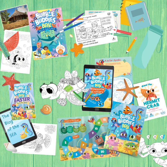 Bubble Buddies' Knowledge Chest Illustration: table with books