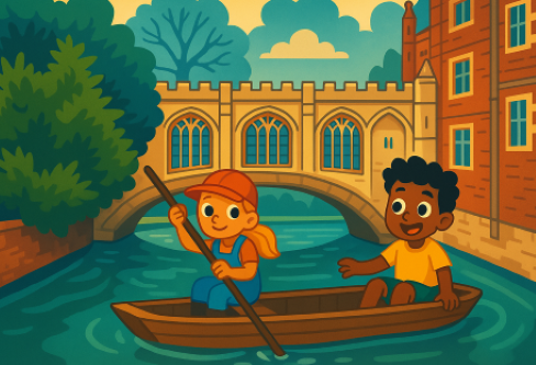 Illustration: children on a boat in an Oxford Canal