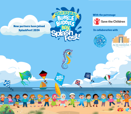 Illustration: children on the beach with colourful kites 