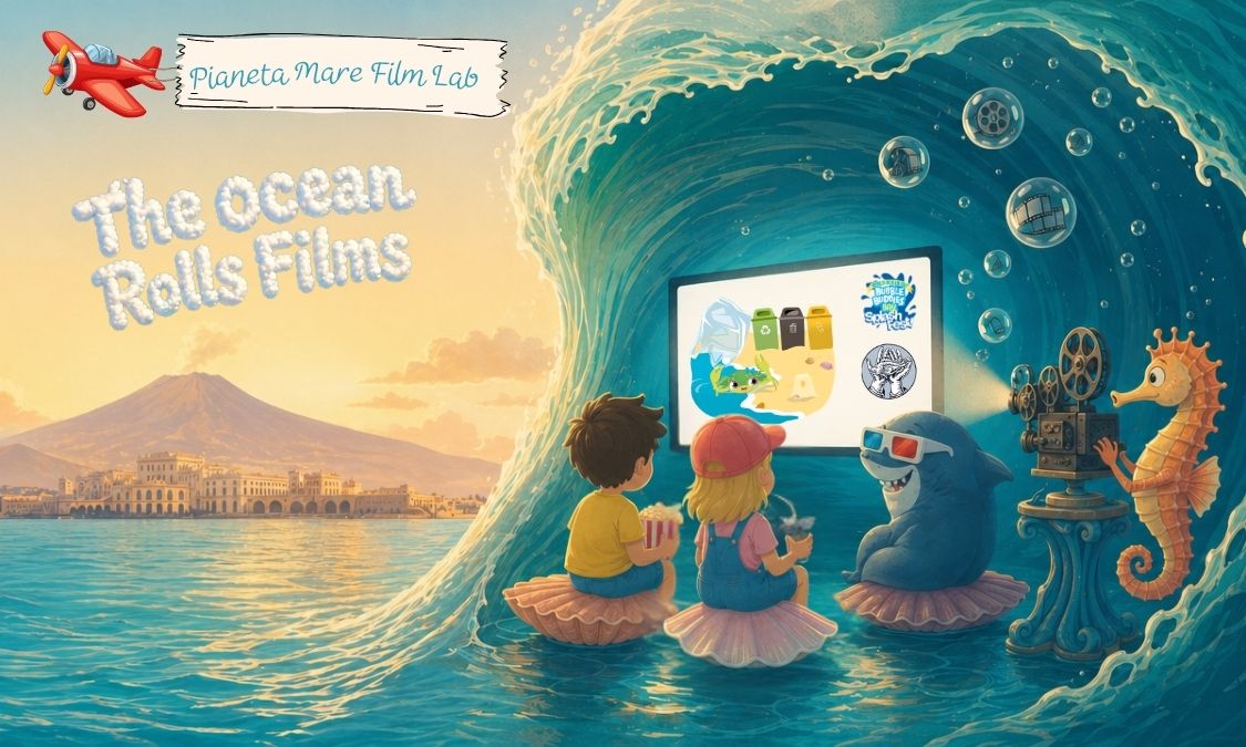 Bright, cartoon-style 16:9 illustration of an ocean-themed children’s film festival. A large turquoise wave curls like a stage, forming an open-air cinema where a screen displays “Pianeta Mare Films.” Around it, cheerful kids sit on floating seashells eating popcorn while smiling sea creatures—a seahorse operating a vintage projector, a shark wearing 3D glasses, a dolphin, and a playful octopus—join the fun. The sea is filled with bubbles containing tiny film reels. In the background, a sunny coastal landscape with a historic villa and Mount Vesuvius evokes Naples. Above, the title “SplashFest! The Ocean Rolls Films” appears in soft, fluffy cloud-like lettering, enhancing the playful, magical atmosphere.