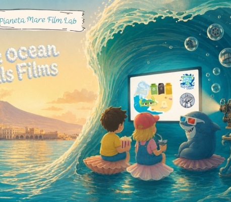 Bright, cartoon-style 16:9 illustration of an ocean-themed children’s film festival. A large turquoise wave curls like a stage, forming an open-air cinema where a screen displays “Pianeta Mare Films.” Around it, cheerful kids sit on floating seashells eating popcorn while smiling sea creatures—a seahorse operating a vintage projector, a shark wearing 3D glasses, a dolphin, and a playful octopus—join the fun. The sea is filled with bubbles containing tiny film reels. In the background, a sunny coastal landscape with a historic villa and Mount Vesuvius evokes Naples. Above, the title “SplashFest! The Ocean Rolls Films” appears in soft, fluffy cloud-like lettering, enhancing the playful, magical atmosphere.