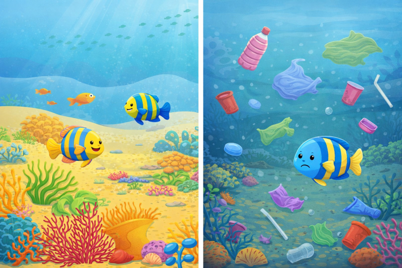 A friendly cartoon split image with happy fish in a clean sea on the left, and sad fish in a polluted sea. 