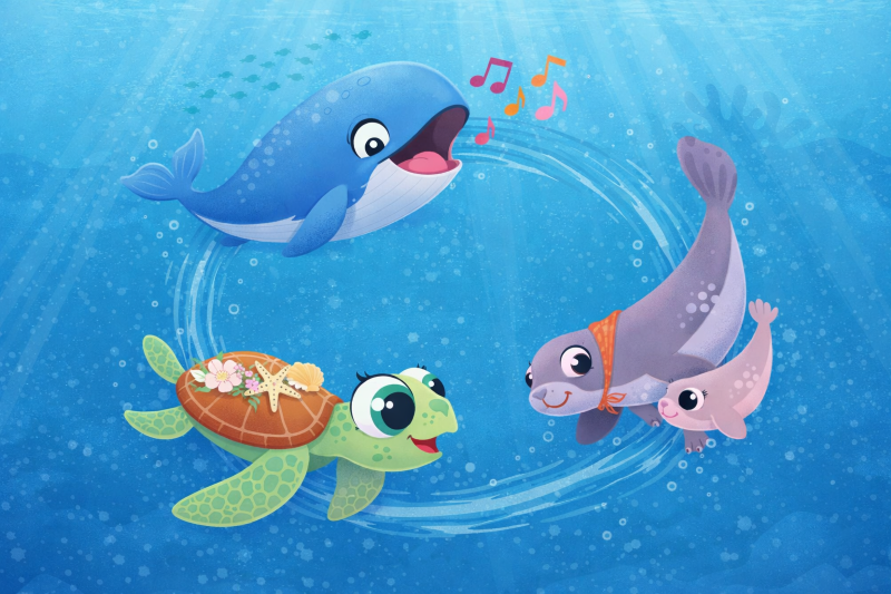 Illustration: a whale, a sea turtle and a seal happily circle in a clean sea