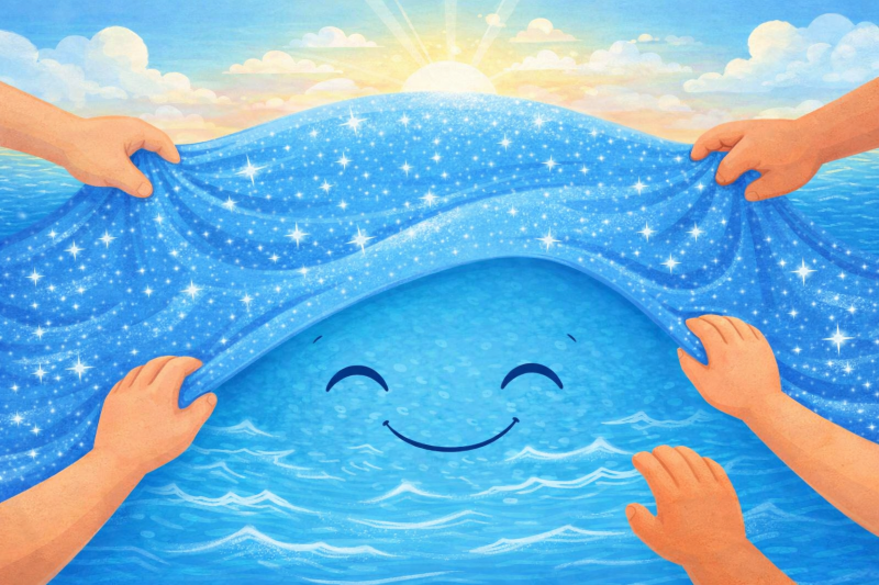 Illustration: A simple cartoon showing a shimmering, protective blue blanket gently being placed over a smiling ocean, wit hands reaching out to help,